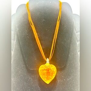 Murano Style Art Blown Glass Fire Orange Swirl Heart Pendant Necklace Claw Clasp